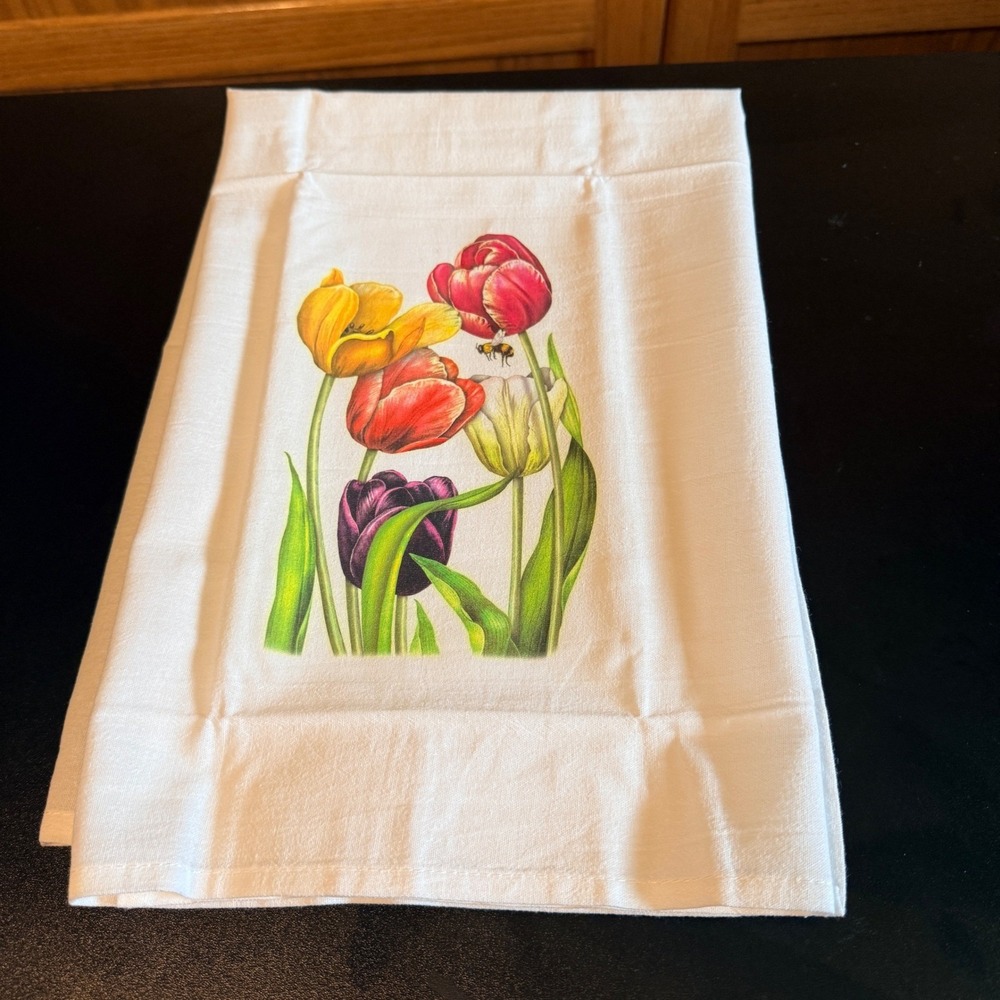 Mary Lake-Thompson Flour Sack Kitchen Towel 30x30 White New Floral Tulips Cotton